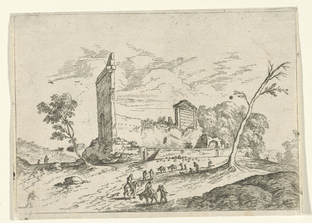 Detail of Landscape with Roman ruins and donkey shepherds by Jan van Ossenbeeck