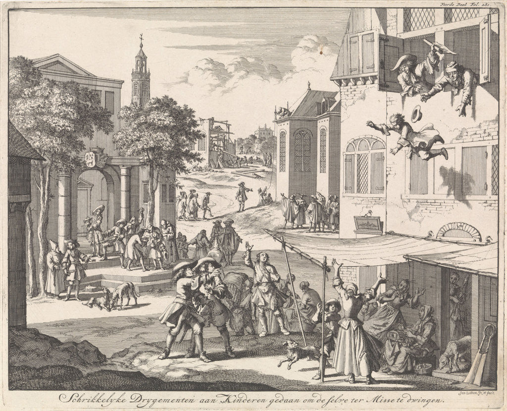 Detail of Child is thrown out the window because it refuses to serve Mass by Jan Luyken