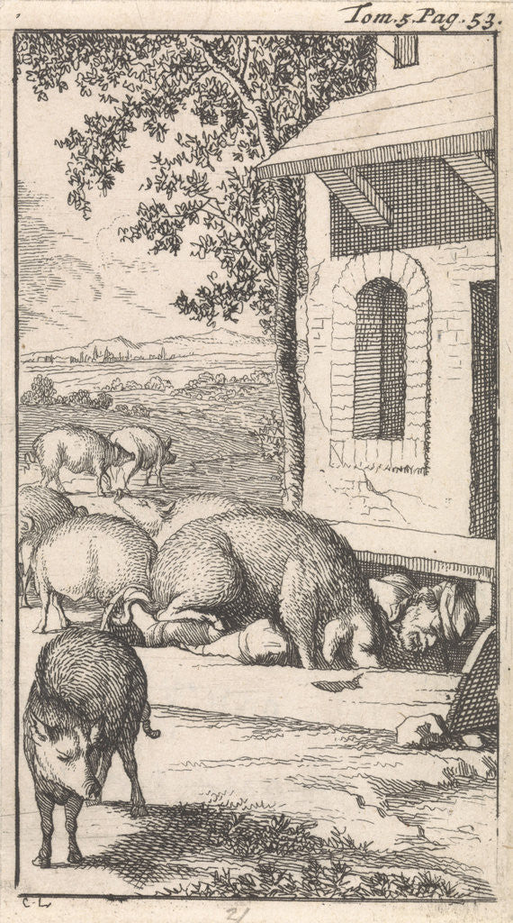 Detail of Sancho sleeping in a pig trough in front of a farm by Pieter Mortier