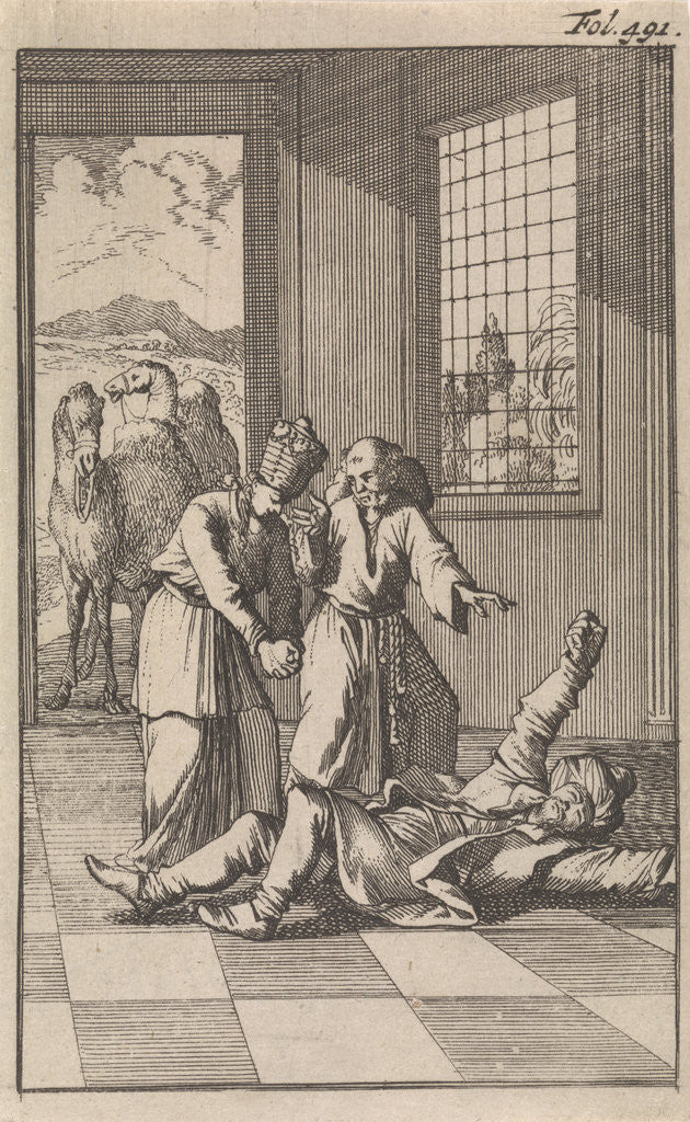 Detail of Mahomed falls into raptures at the feet of his wife Kadiga by Timotheus ten Hoorn