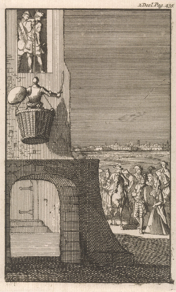 Detail of Don Clarazel is lifted in a laundry basket by Nathanael Holbeex