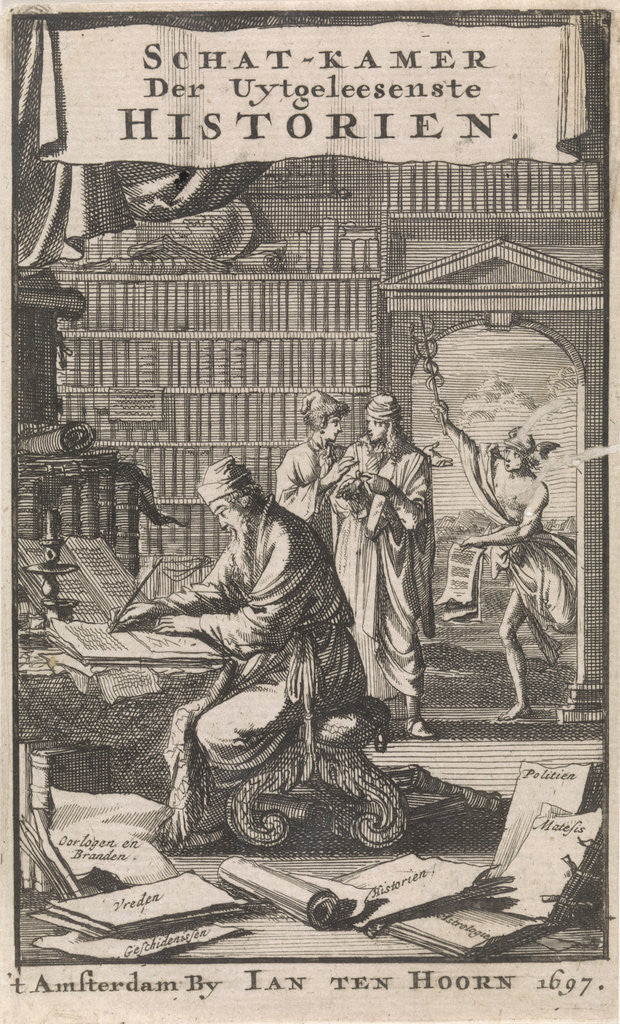 Detail of Scholar writing in his study, Jan Luyken by Jan Claesz ten Hoorn