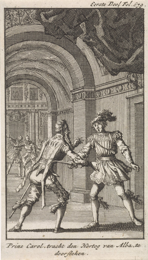 Detail of Don Carlos is trying to murder the Duke of Alva, Jan Luyken by Engelbrecht Boucquet