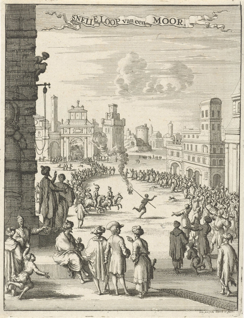 Detail of View of a square where a black man with firepit is running by Jan Luyken