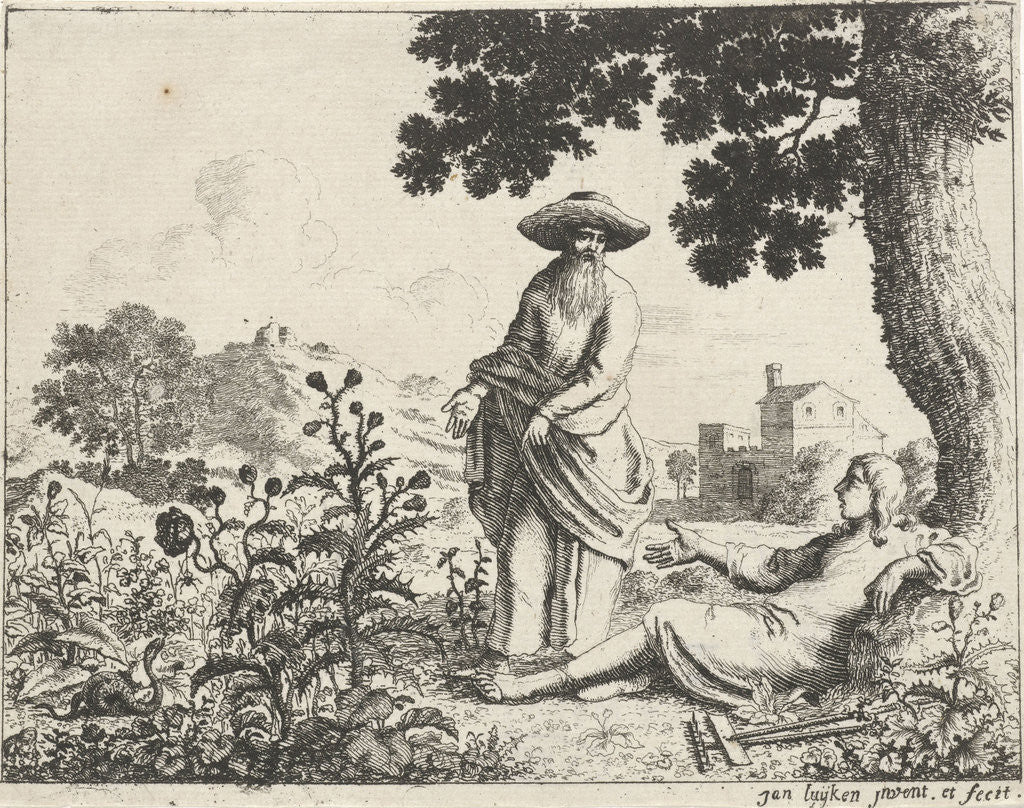 Detail of Old man resting points a farmer to a snake by Jan Luyken
