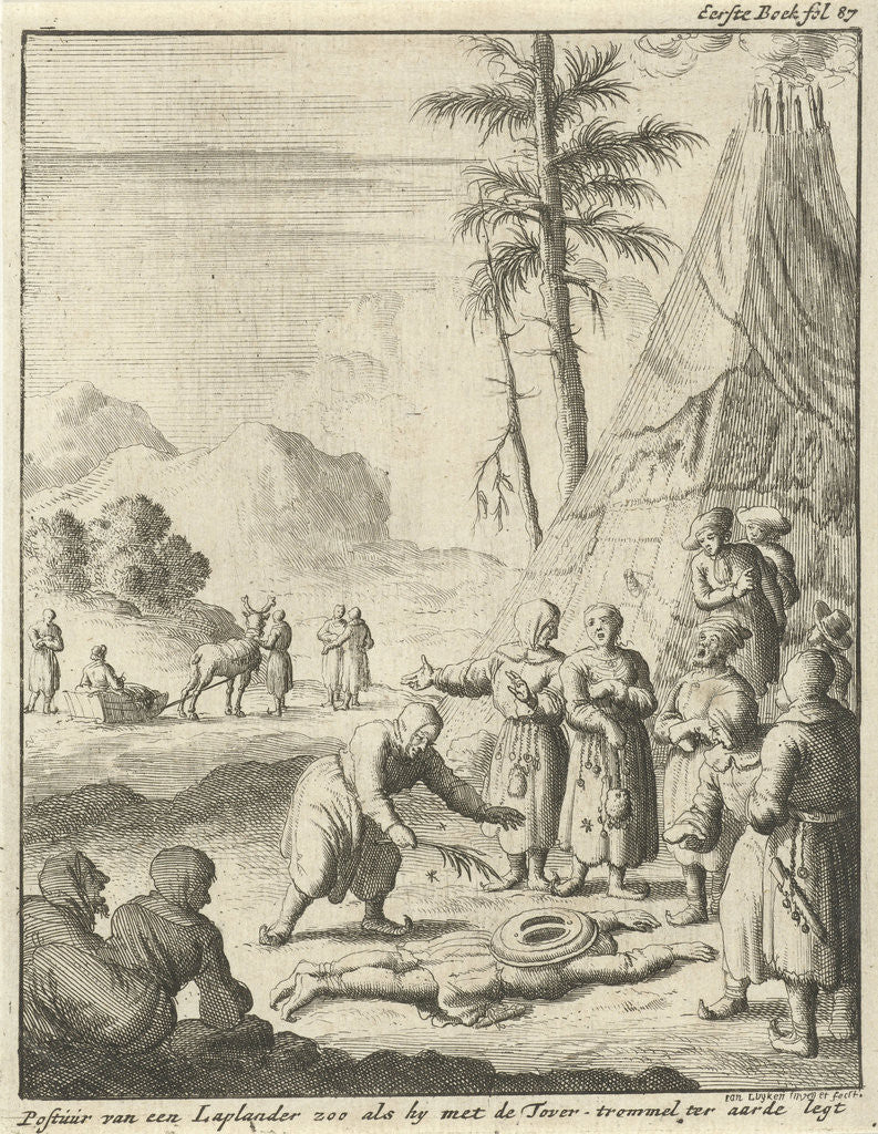 Detail of Lappish ceremony with a drum conjures by Jan Luyken