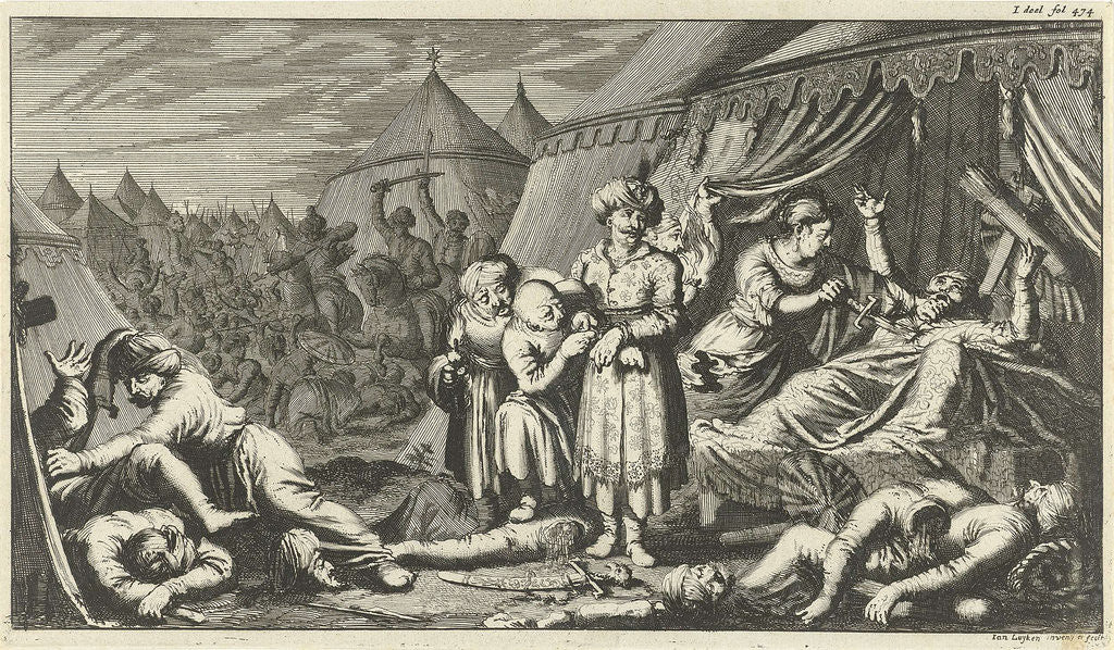 Detail of King of Ormus attacked and slain in a tent camp by Jan Luyken