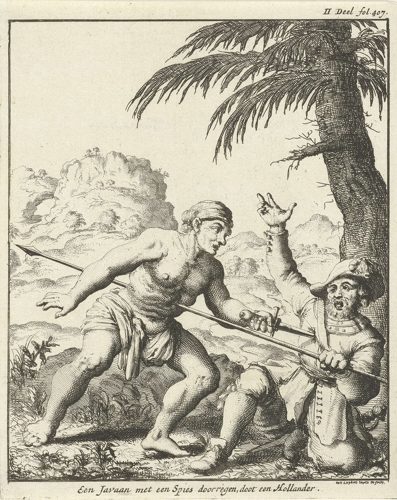 Detail of Javanese and Dutch man stabbing each other with a spear and a dagger down by Jan Luyken