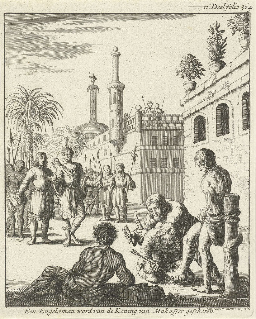 Detail of King stands with bow and arrow ready to shoot a bound prisoner by Jan Luyken