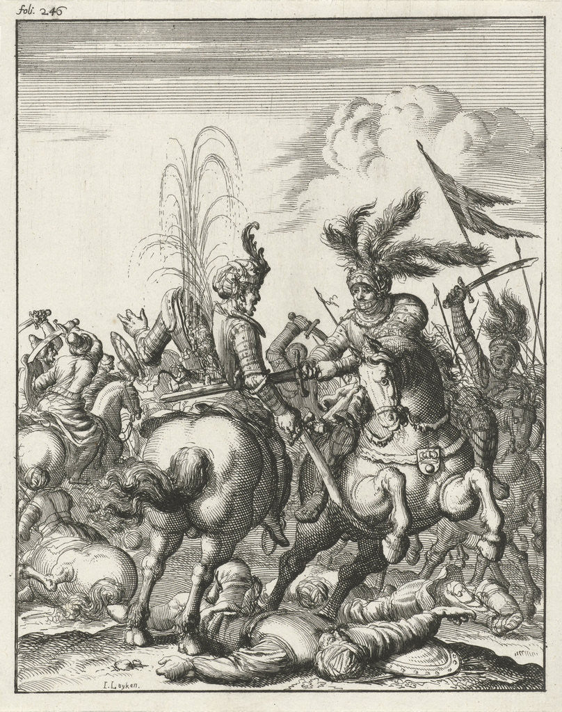 Detail of Emperor Conrad III cleaves in a cavalry skirmish a Saracen by Timotheus ten Hoorn