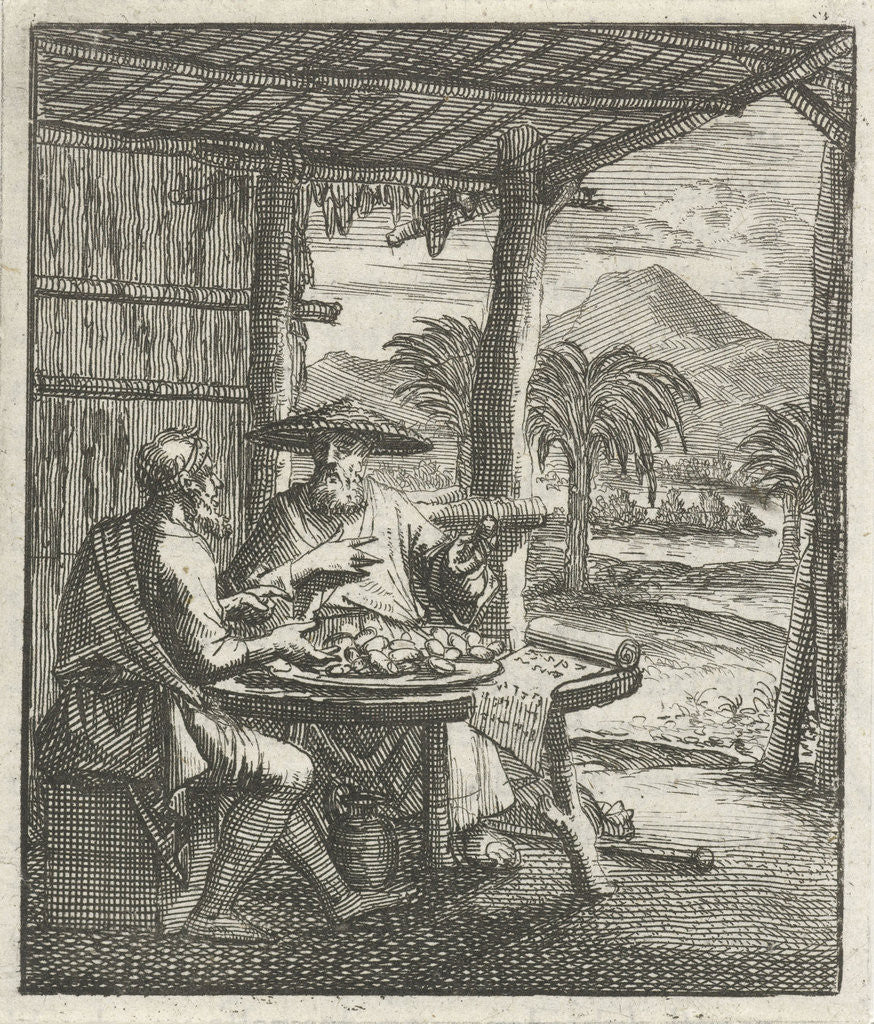 Detail of Hermit and his visitor sitting in an open hut at the table by Aart Wolsgrein