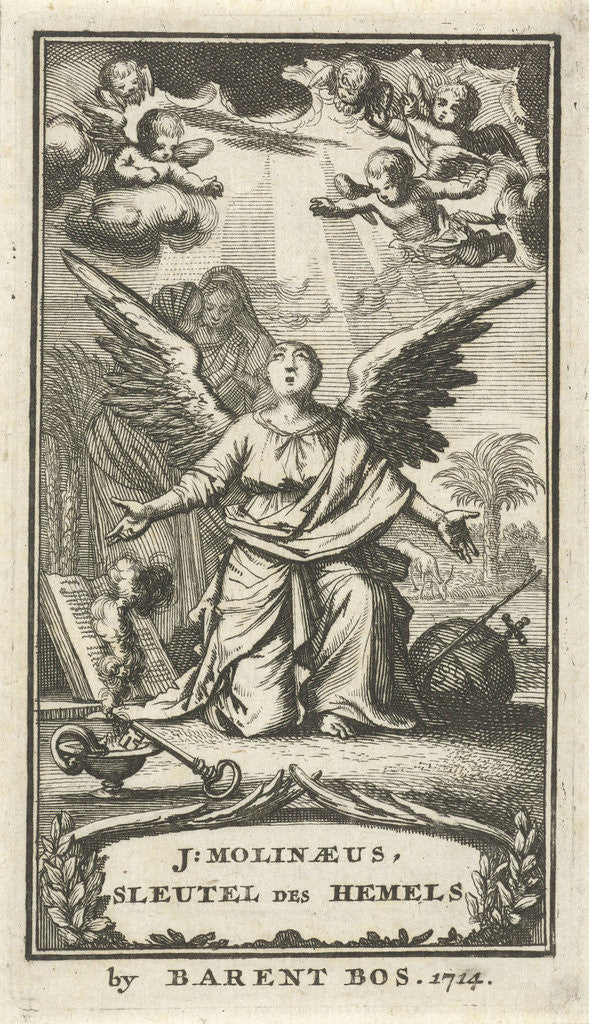 Detail of Angel praying with outstretched arms to God by Barent Bos