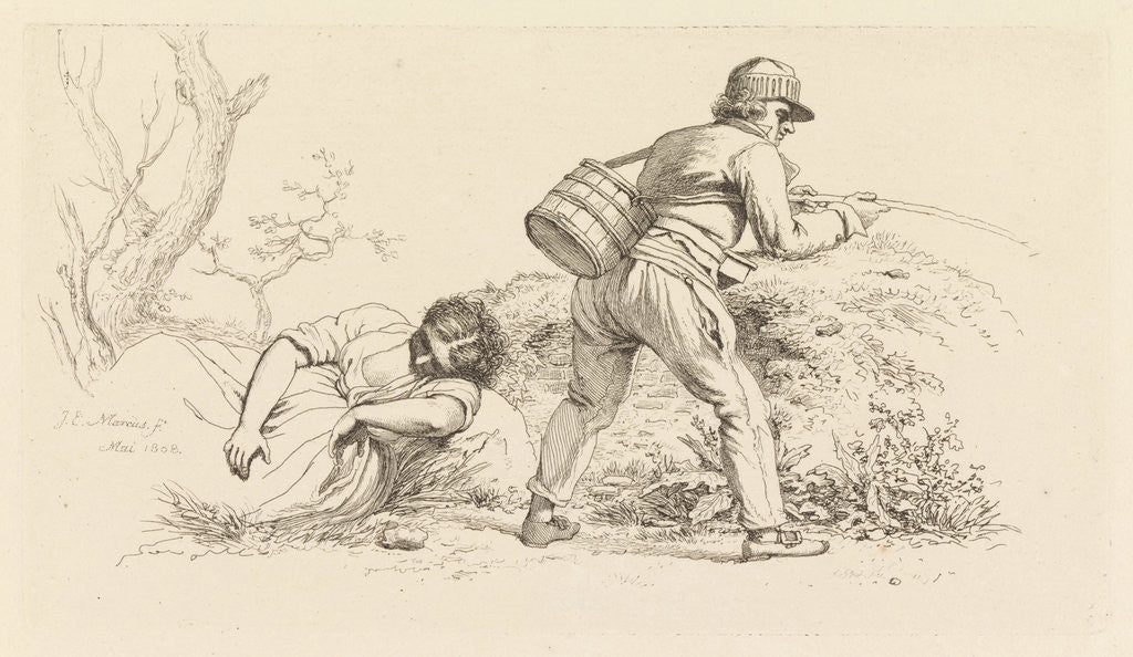 Detail of Study Sheet with a sleeping woman and an angler by Jacob Ernst Marcus