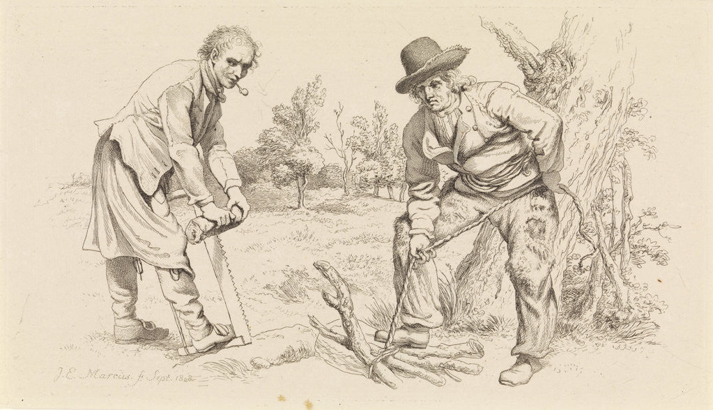 Detail of Study Sheet with wood Firewood-gatherer and a man with saw by Jacob Ernst Marcus