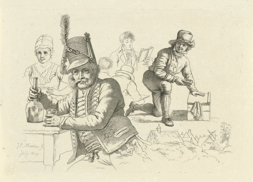 Detail of Hussar with glass and bottle on a table by Jacob Ernst Marcus