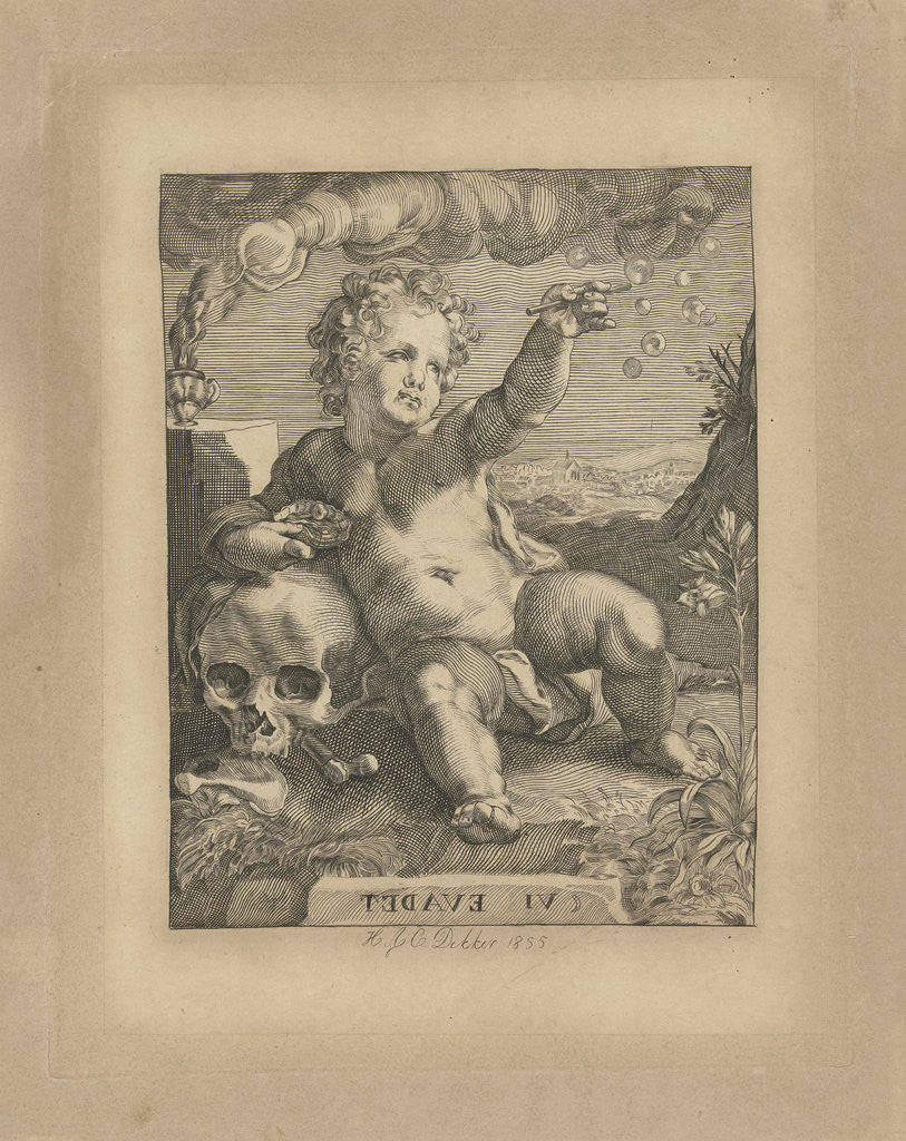 Detail of Putto leaning on skull and blowing bubbles by Hendrick Goltzius