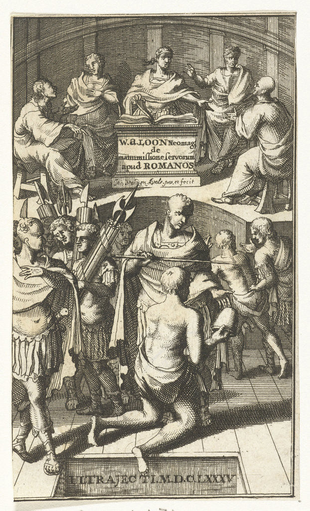 Detail of Prisoners are led in an antique courtroom by Roman soldiers for the judges by Johannes Jacobsz van den Aveele