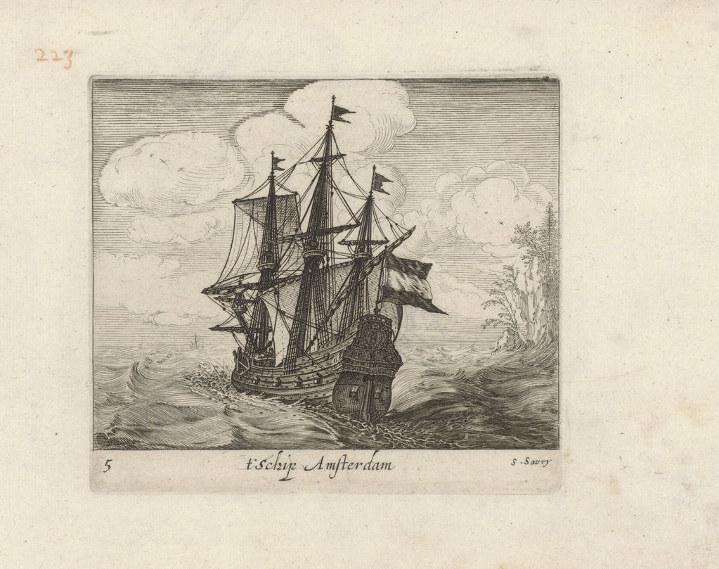 Detail of Three-master at sea by Anonymous