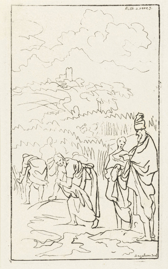 Detail of Boaz and an overseer working on the land by Jan Luyken