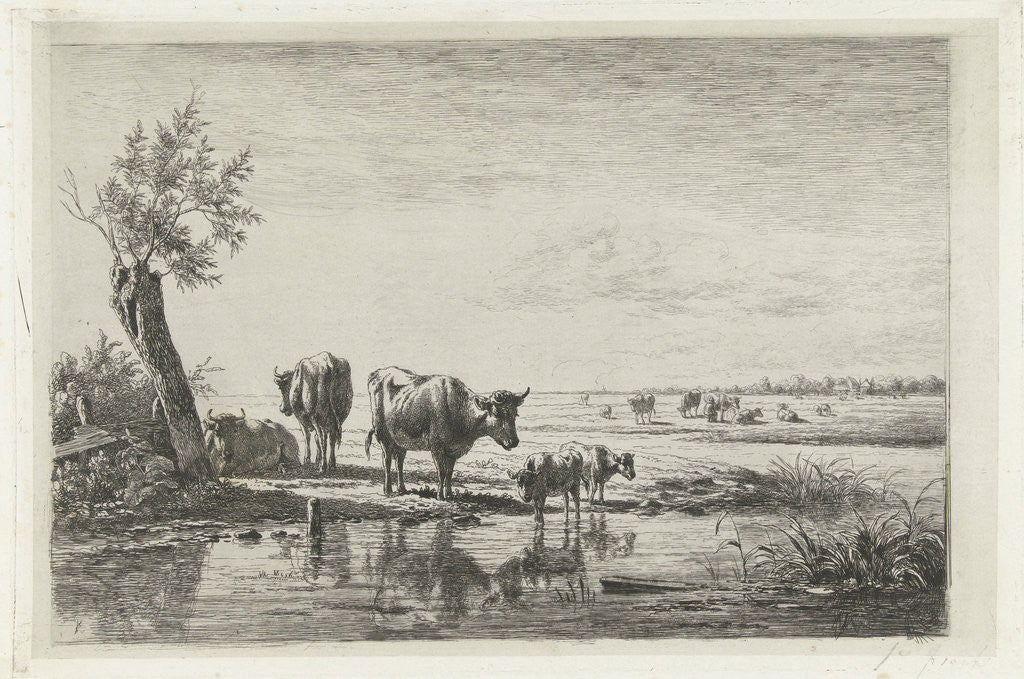 Detail of Meadows with cows at water by Simon van den Berg