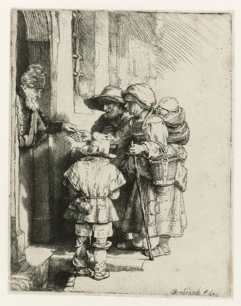Detail of A blind hurdy-gurdy player with family receives a handout by Rembrandt Harmensz. van Rijn