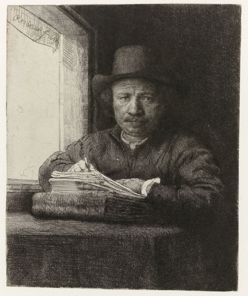 Detail of Self-portrait of Rembrandt Etching at a Window by Rembrandt Harmensz. van Rijn