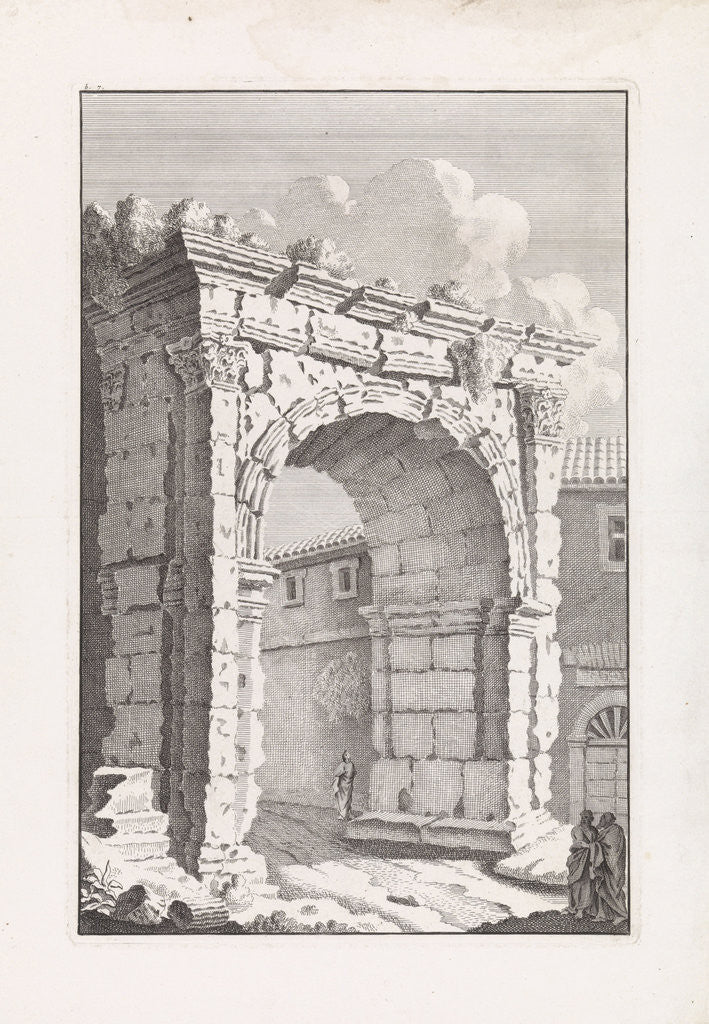 Detail of Ruins of a Roman gate with two men by Bonaventura van Overbeek