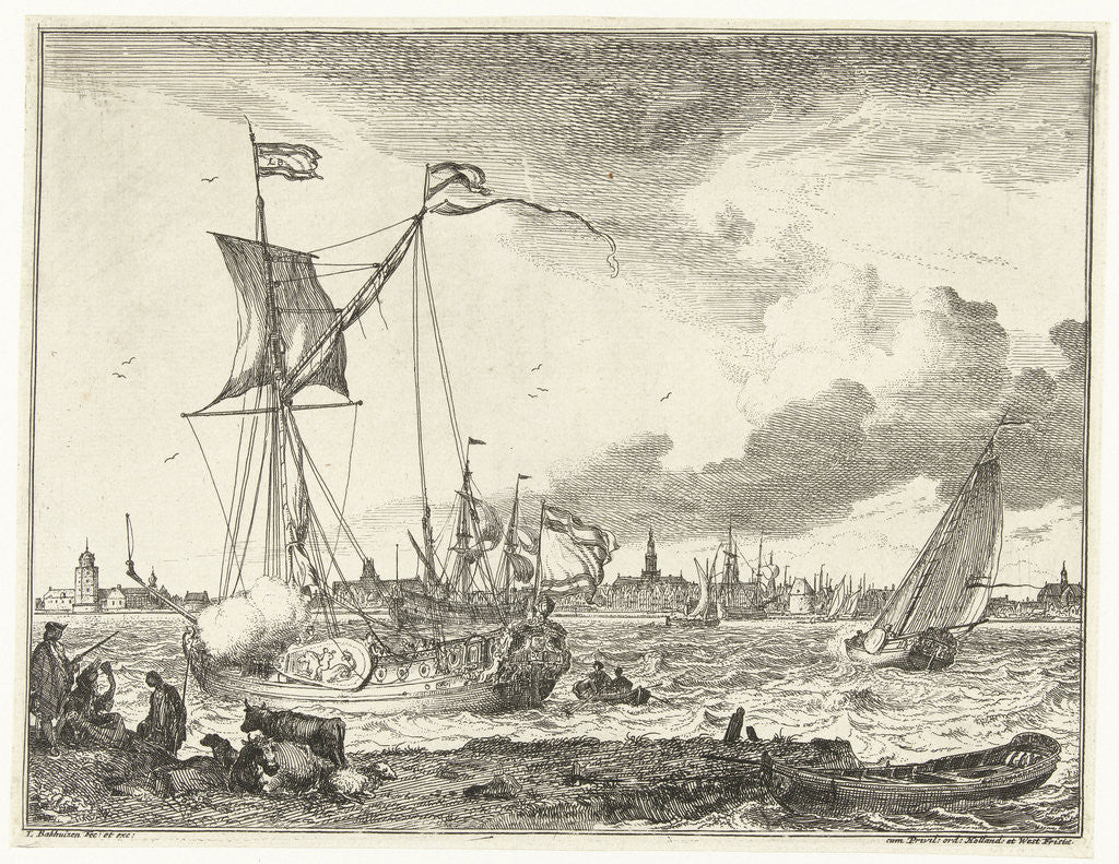 Detail of Riverside with grazing animals by Ludolf Bakhuysen