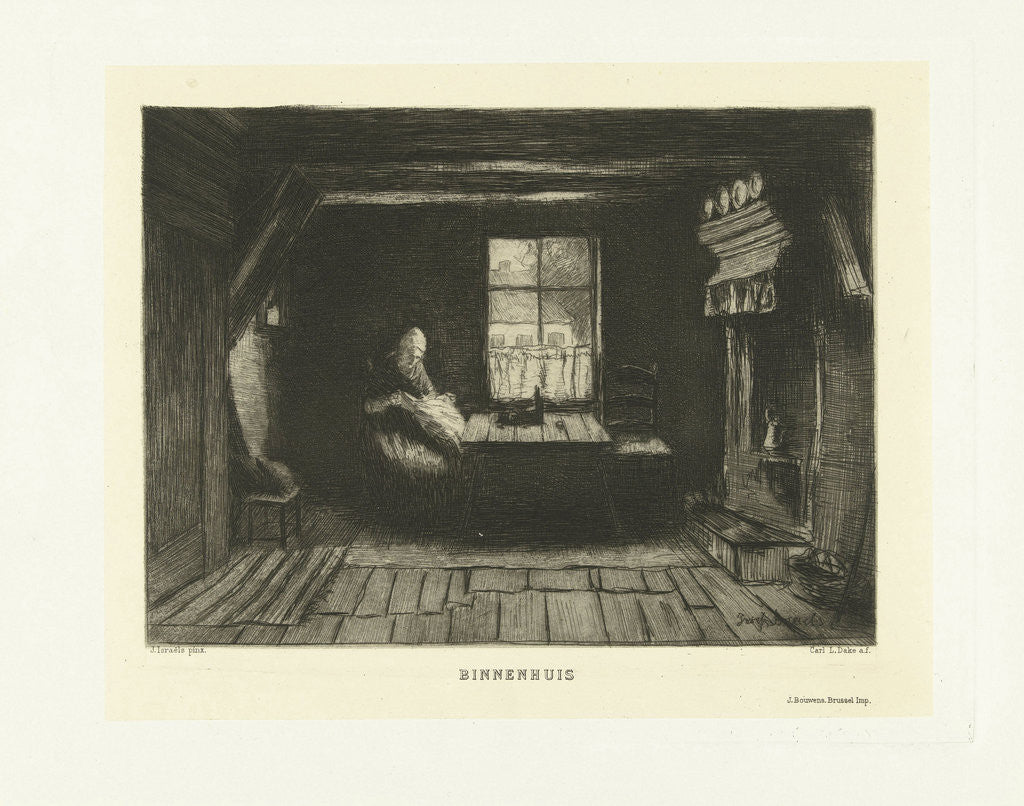 Detail of Peasant Woman sitting sewing in interior with a window by J. Bouwens