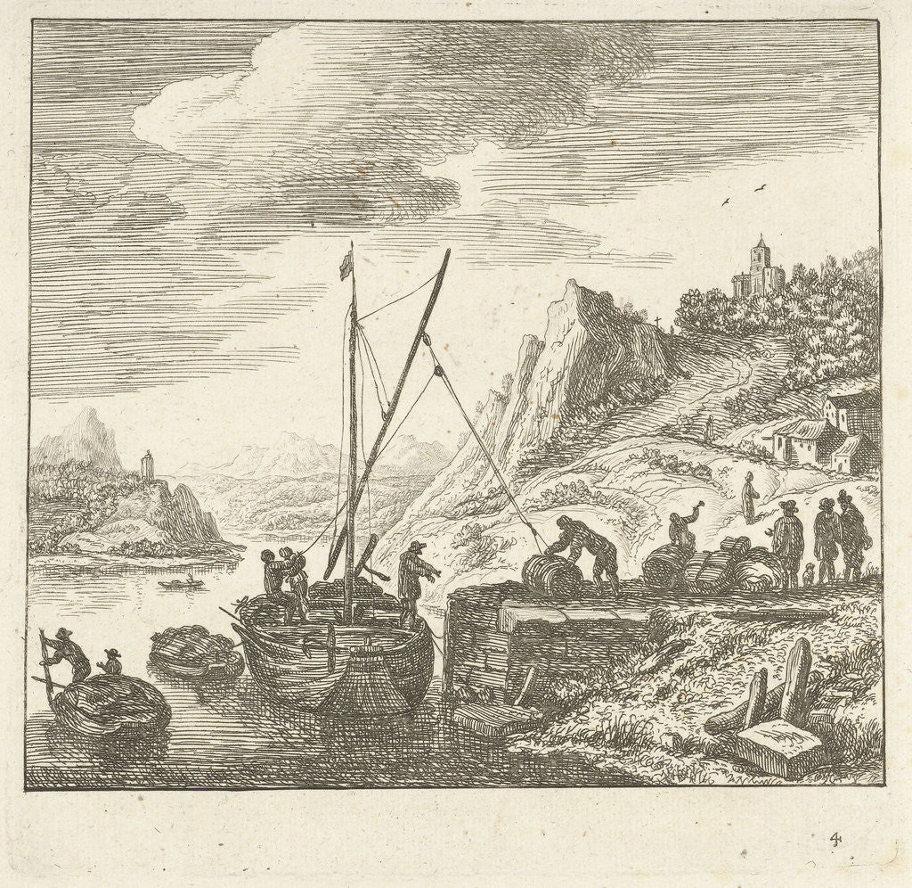 Detail of River view with men loading drums on a sailing ship by Herman Saftleven