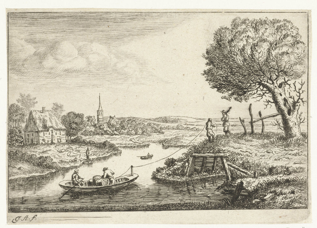 Detail of River landscape with barge by Jan van Almeloveen