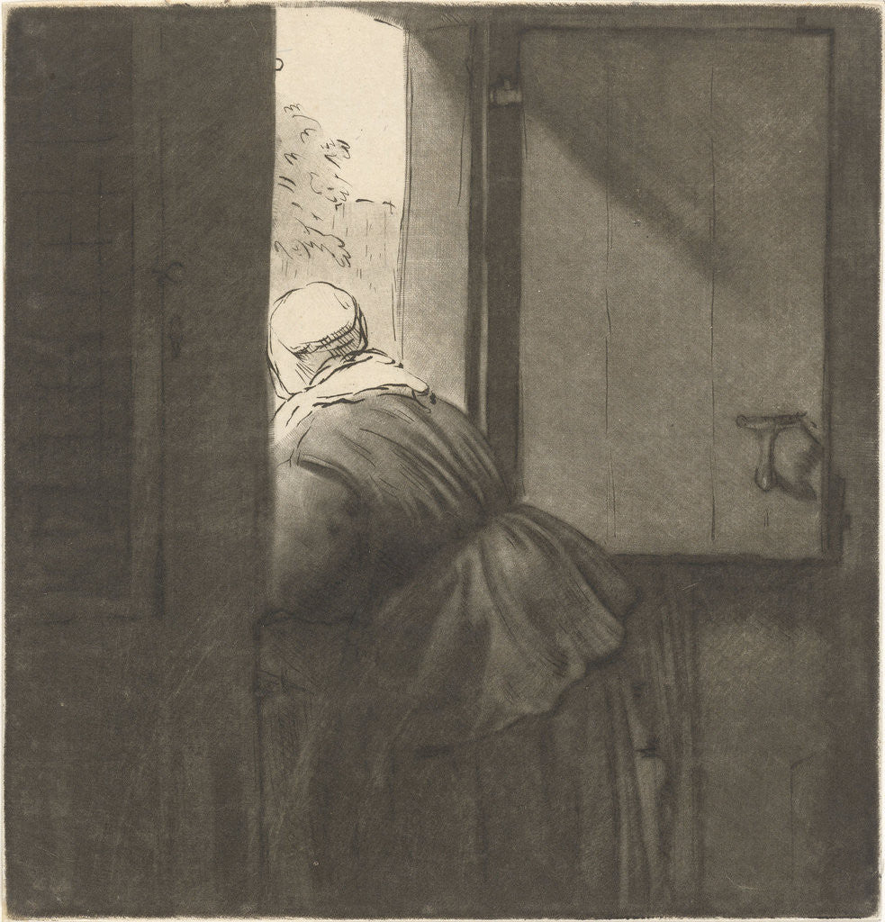 Detail of Female leaning over a lower door by Rembrandt Harmensz. van Rijn