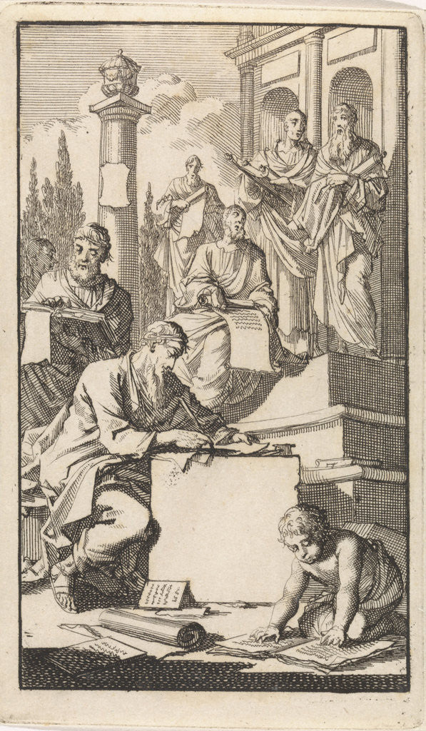 Detail of Six scholars with rolls of parchment on the stairs of a temple by Jan Luyken