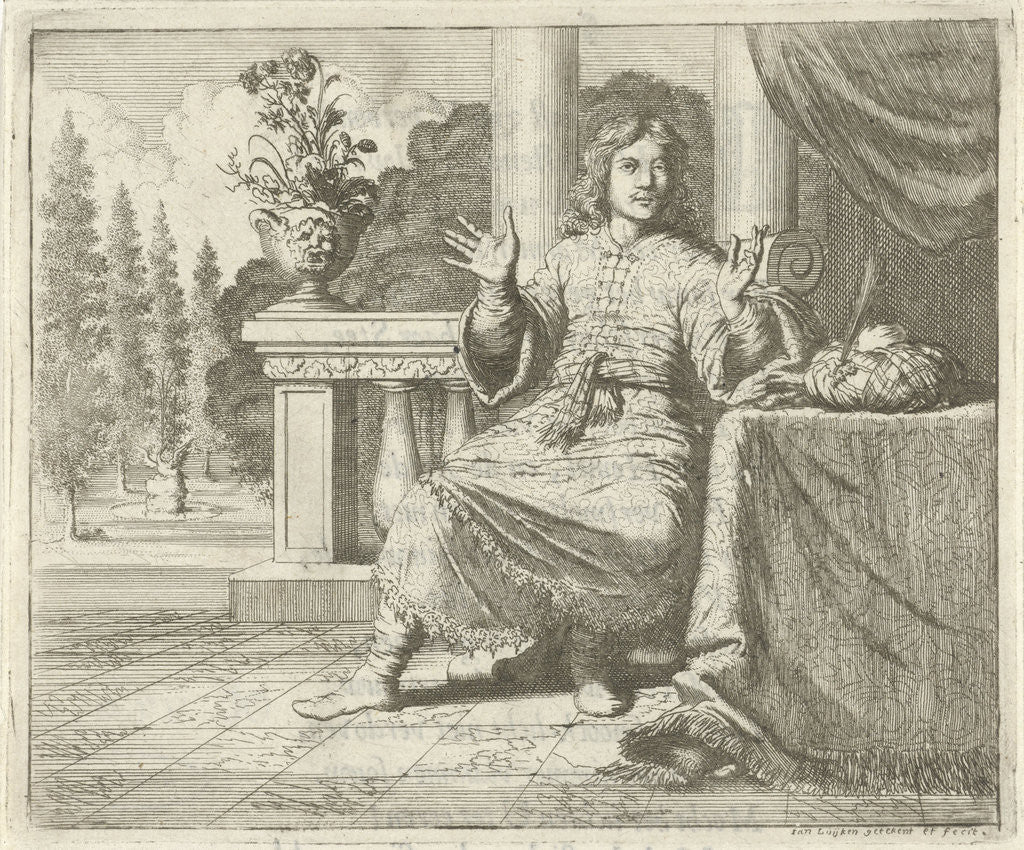 Detail of Joseph sitting at a table on which his turban is laying by Jan Luyken
