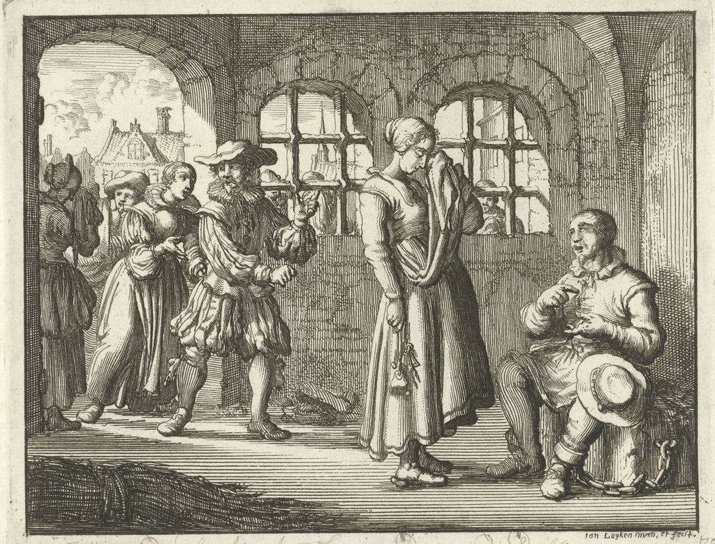 Detail of Jacques d'Auchy in prison in Leeuwarden say goodbye to his wife by Jan Luyken