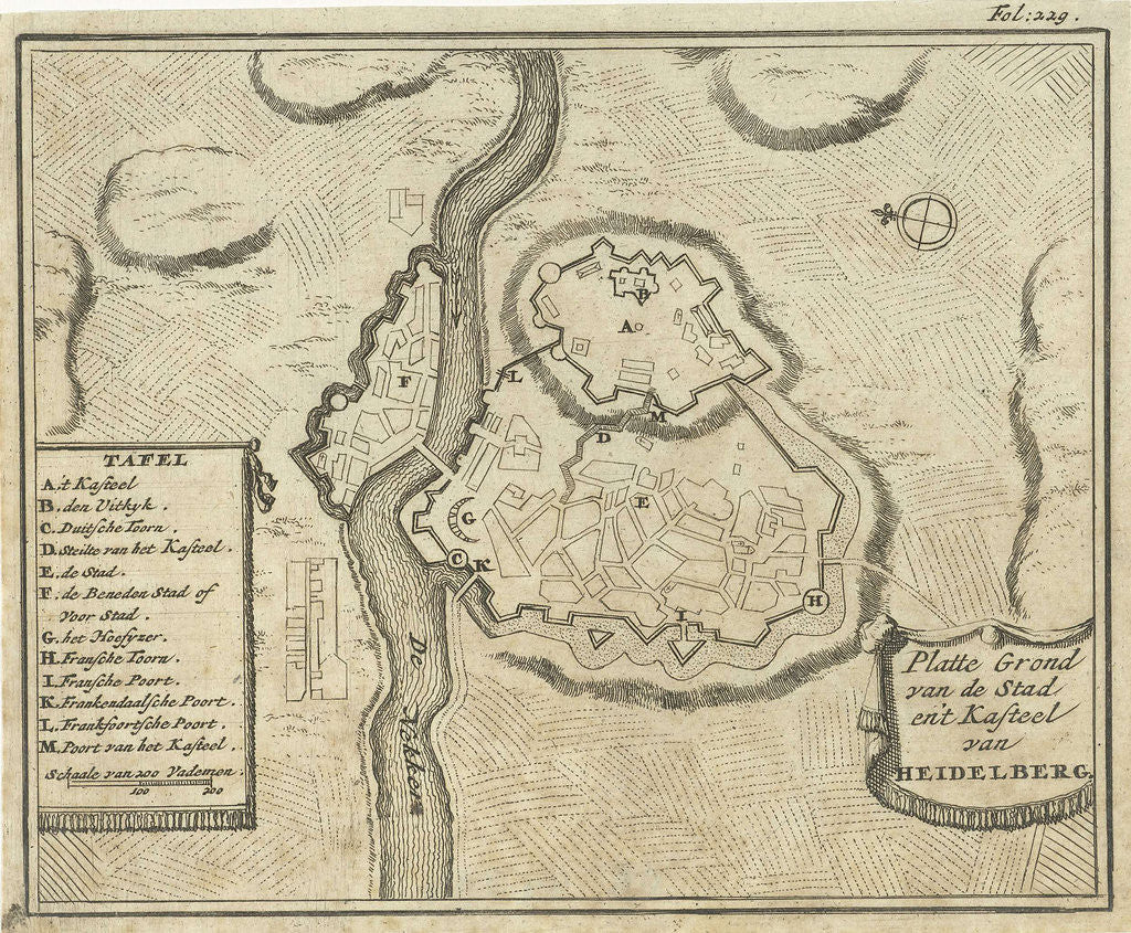 Detail of Map of Heidelberg Germany by Timotheus ten Hoorn