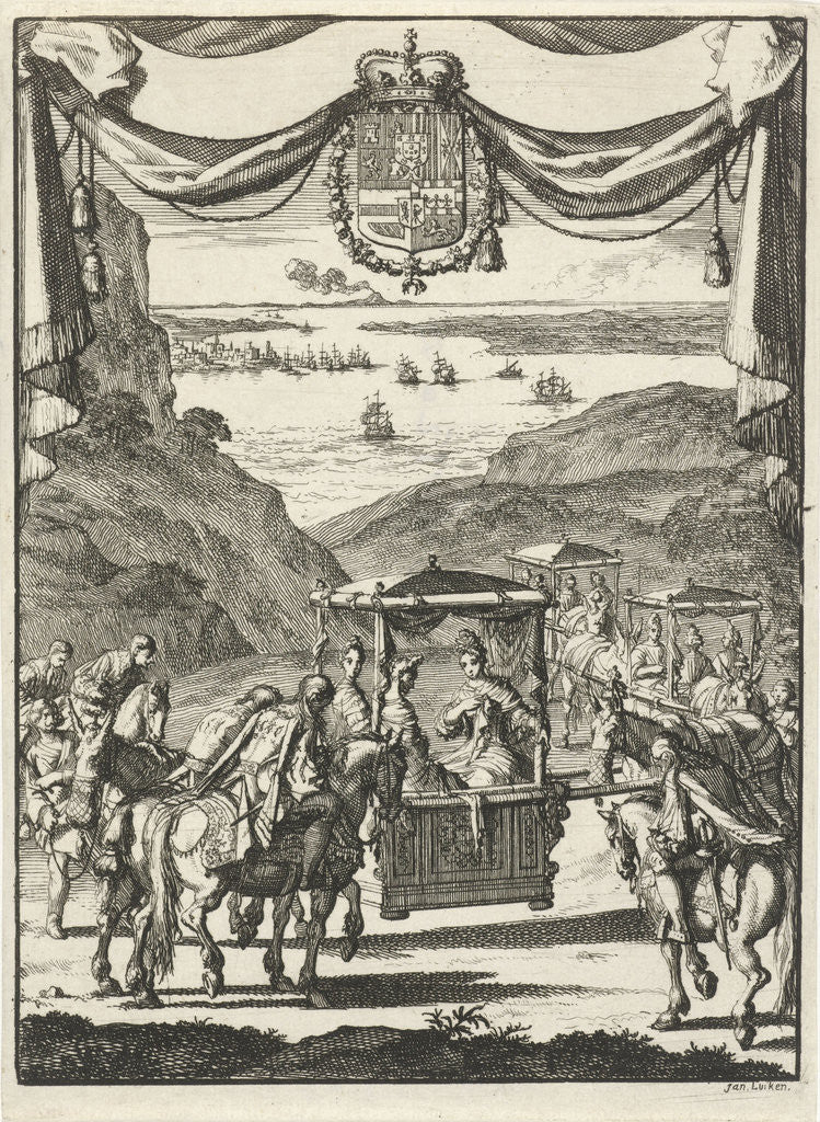Detail of Writer Marie-Catherine d'Aulnoy in a sedan greeted by five riders by Jan Luyken