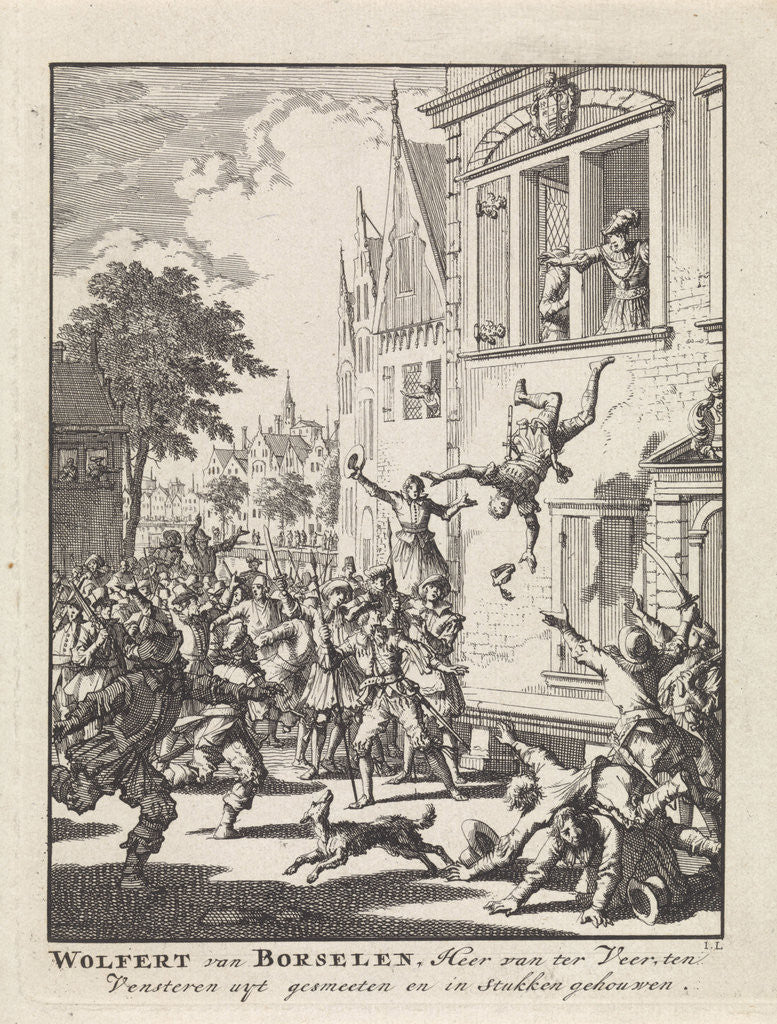 Detail of Wolfert van Borselen thrown out the window and killed in Delft The Netherlands by Jan Luyken