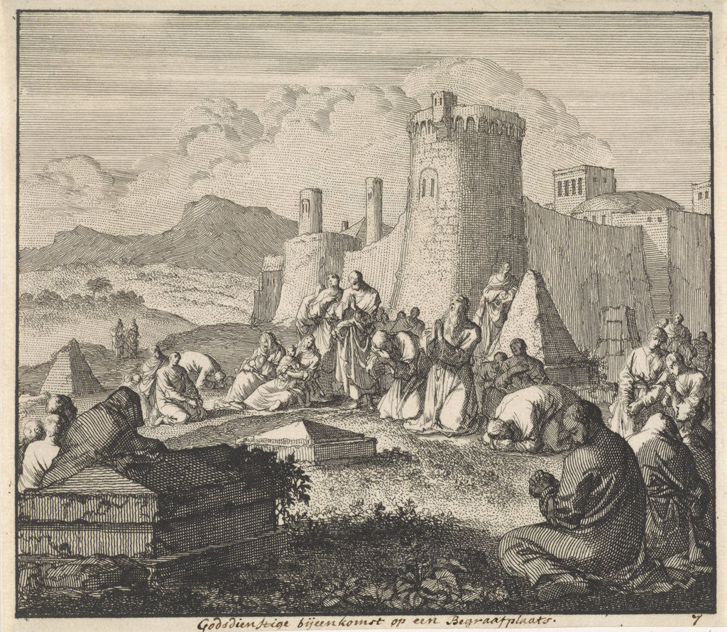 Detail of Early Christians come together at a cemetery by Jan Luyken
