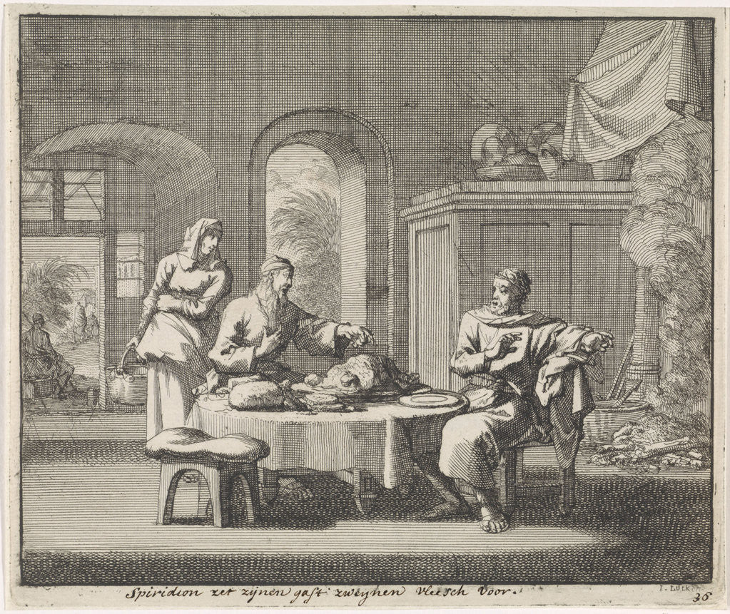 Detail of Saint Spiridon of Cyprus offers a salted pork by Jan Luyken