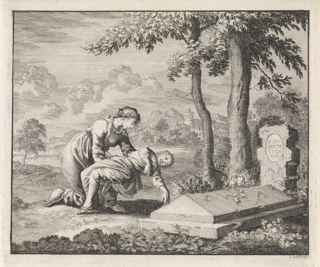 Detail of Woman brings her child dead to the grave of Saint Stephen by Jan Luyken