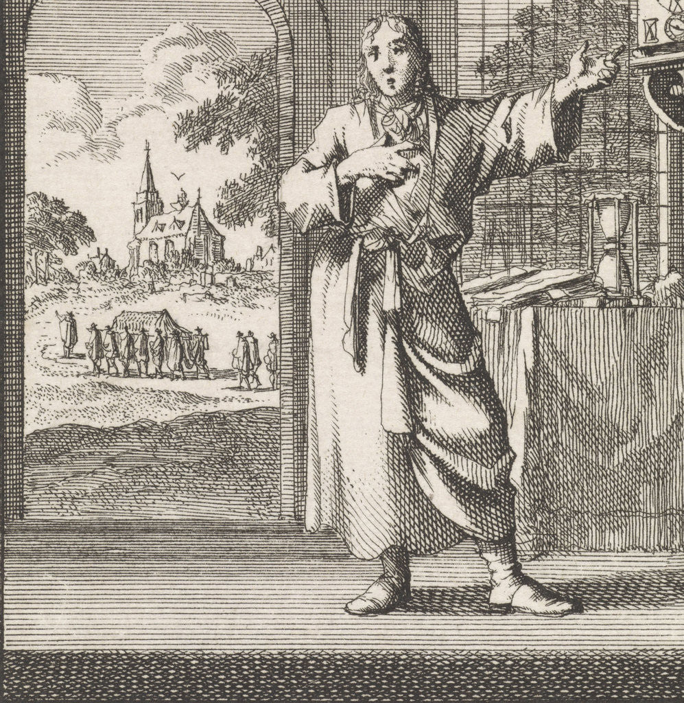 Detail of Indoors appoint a man to a wall clock by Jacobus van Hardenberg