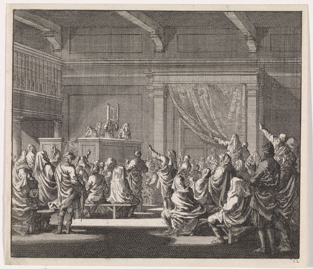 Detail of Synagogue where a rabbi reads a law role by Hendrik van Damme