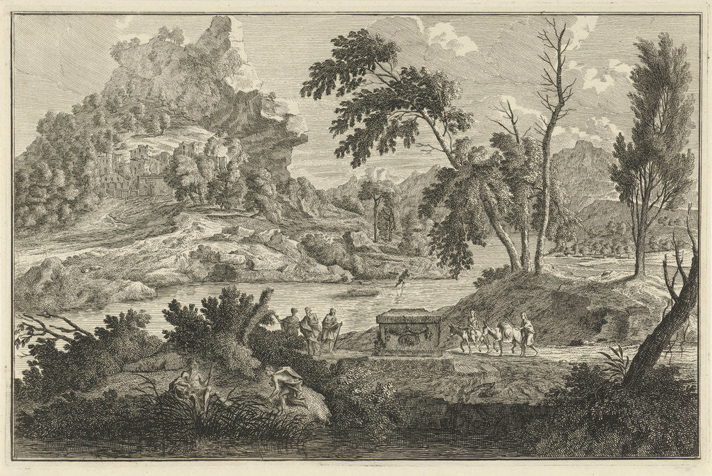 Detail of Arcadian river landscape with two donkeys by Leonard Schenk