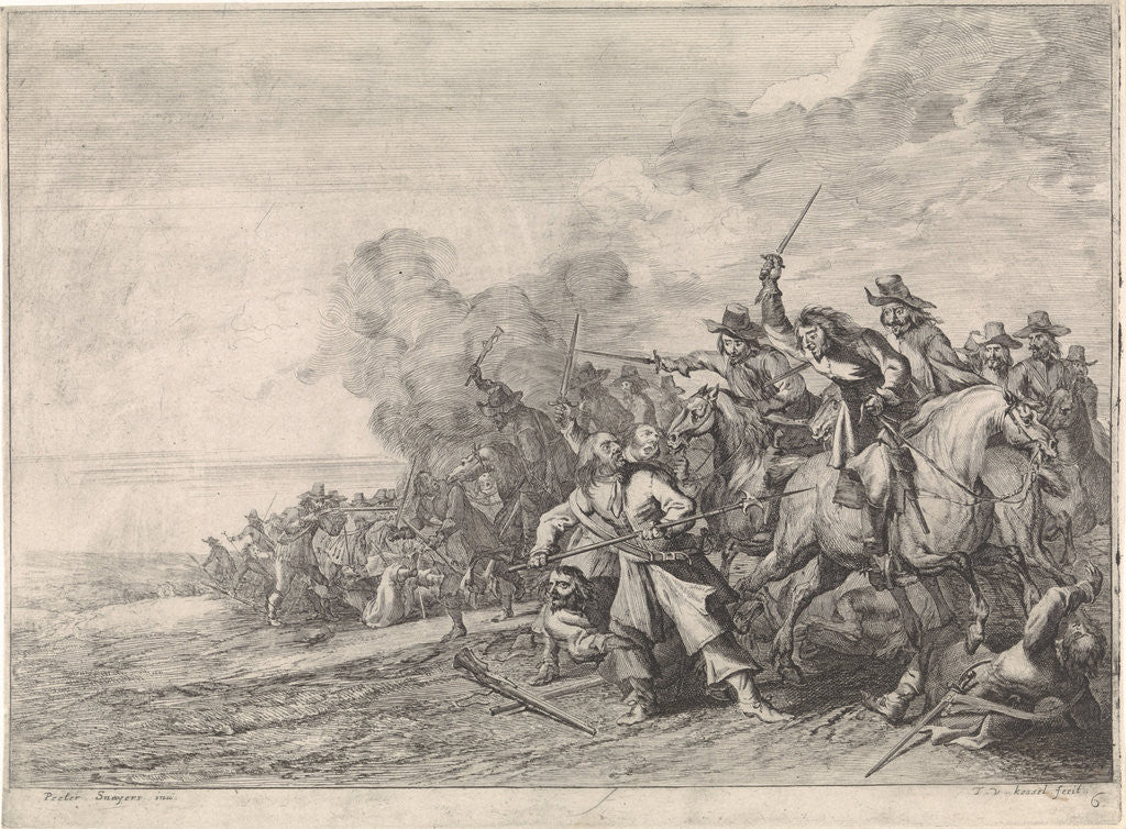Detail of Cavalry in combat and infantry by Theodorus van Kessel