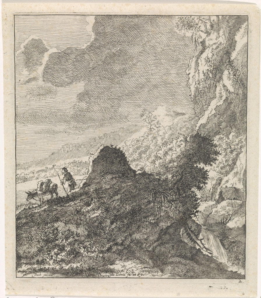 Detail of Mountain landscape with hikers and mule by Jacob Lutma