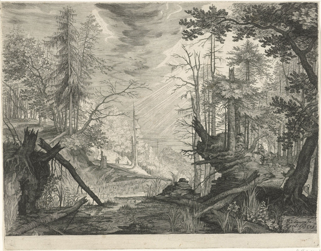 Detail of Three hunters in a river in a forest by Aegidius Sadeler