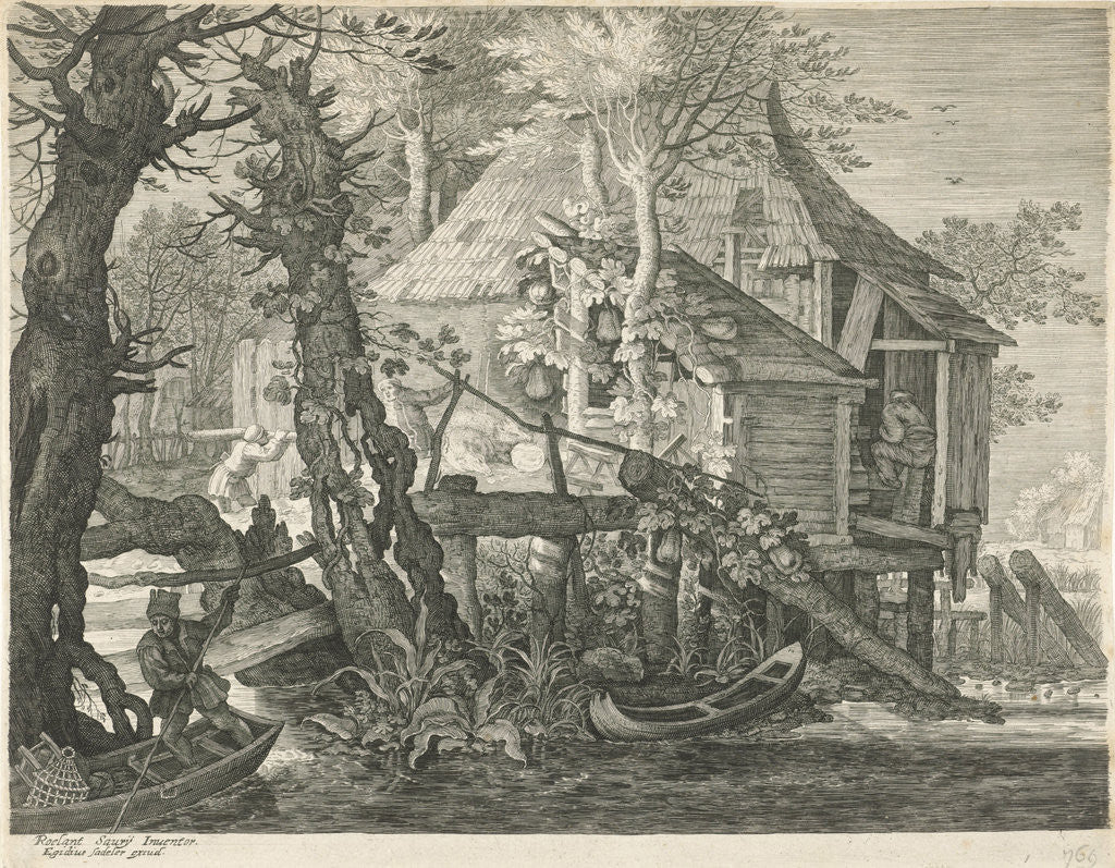 Detail of Forest hut on stilts in a river by Aegidius Sadeler