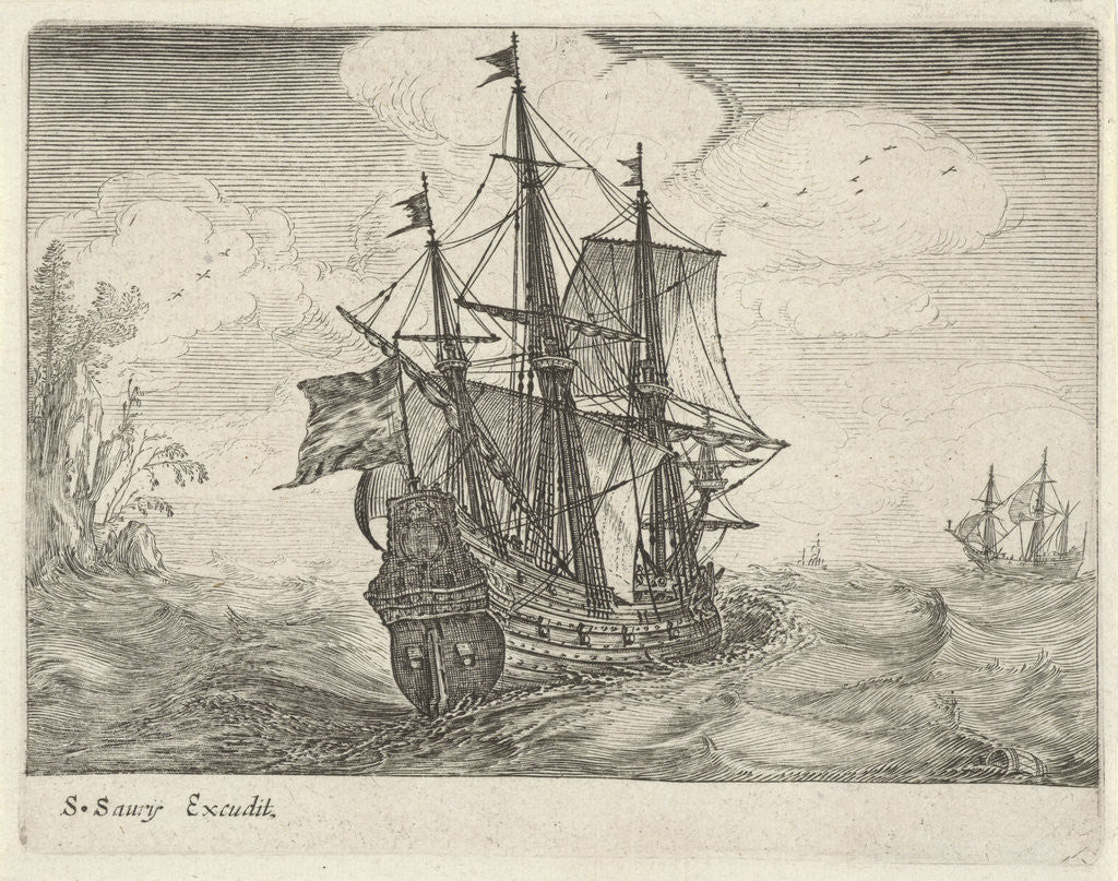 Detail of Sailing threemaster and a rocky coast with trees by Salomon Savery