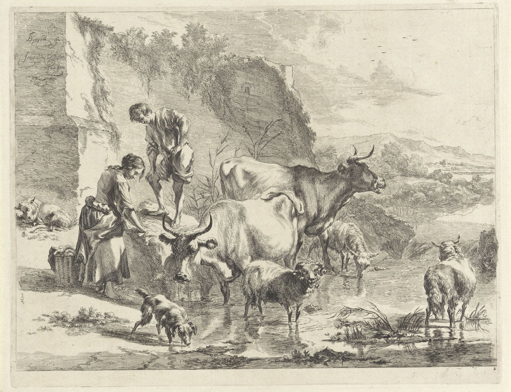 Detail of Woman drying clothes on a stone by Nicolaes Pietersz. Berchem